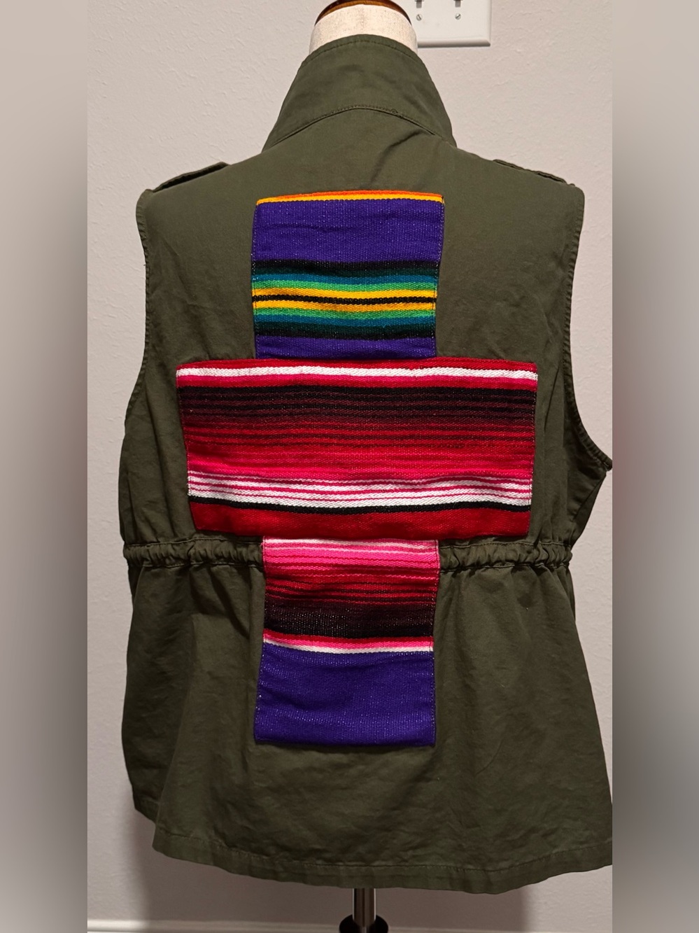 Olive Military Utility Vest Serape Cross Back Western Cowgirl Festival L